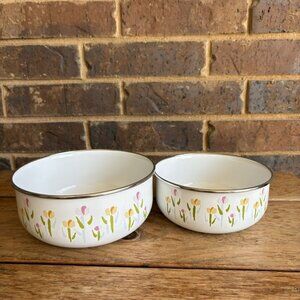 Vintage Enamelware Nesting Mixing Bowls Yellow  Flowers Tulips READ
